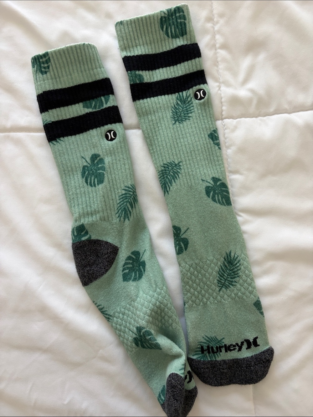 Hurley Mint Green Leaf-Print Crew Socks with Black Stripes